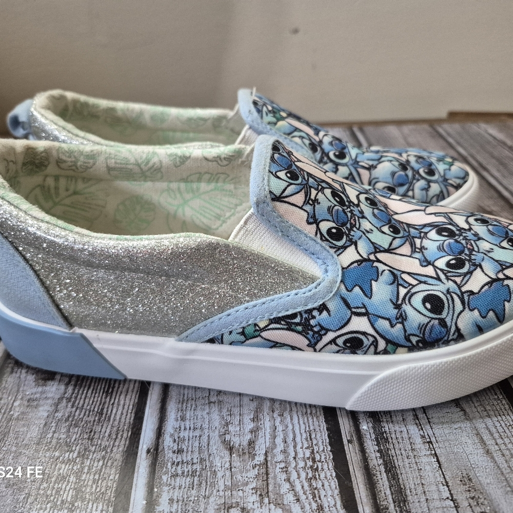 DISNEY STITCH Girls Size 2 Slip-On Twin Gore Sneakers Print Glitter • Blue